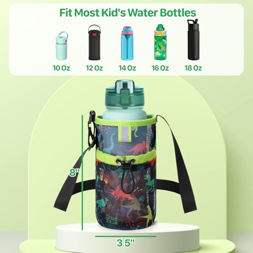 Mesh Water Bottle Carrier for Kids - Lightweight Water Bottle Holder with Adjustable Strap, Crossbody Sling Bag Fits 10-18 oz, Ideal for Walking Hiking Camping, Black Dinosaur - color: 2-Black Dinosaur
