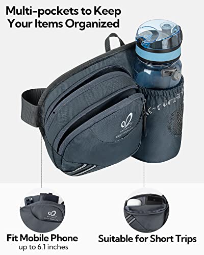 WATERFLY Fanny Pack Waist Bag: Waist Pack for Women Men with Water Bottle Holder Hiking Fanny Pack for Running Walking DogWalking Travel Cycling - color: Gray