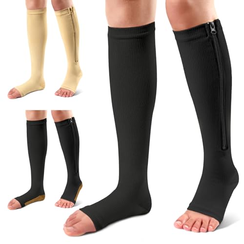 Ailaka Medical 15-20 mmHg Zipper Compression Socks for Women Men, 3 Pairs - color: Black+Beige+Black Copper, size: 2X-Large (3 Pair)