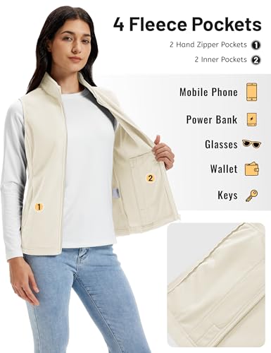 TACVASEN Women's Fleece Vest Outerwear Lightweight Sleeveless Zip Up Jacket - color: Beigewhite, size: Small