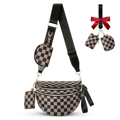 Cross Body Bag for Women Bum Bag Checkered Belt Bags Fanny Packs for Girls Travel Purse Fashion Waist Packs Crossbody Nylon Purse Trendy Shoulder Bags for Womens - color: Checkered Black Brown