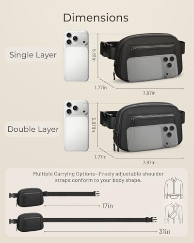 Fanny Packs for Women Crossbody Belt Bags, Waist Pack with Front Pocket - color: A-Black, size: Double Layer