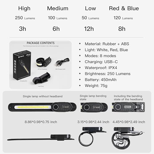 3-in-1 Headlamp, Portable Night Running Light, Magnetic Work Light, Rechargeable LED Foldable Flashlight with 8 Light Modes, Ideal for Dog Walking, Night Running, Camping & Hiking