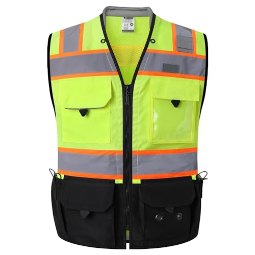 JKSafety Hi-Vis Unisex Surveyor Safety Vest Heavy Duty PPE Inner Pockets ANSI/ISEA Compliant - color: 188-yellowblack, size: X-Large