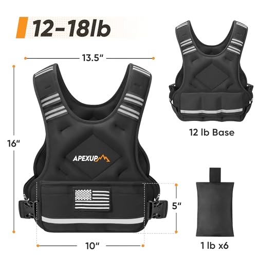 APEXUP Adjustable Weighted Vest, 4-10lb/12-18lb/20-32lb Vest with 6 Ironsand Weights and Large Pocket, Weight Vest for Men Women Strength Training, Running, Walking - color: Black, size: 12-18lbs