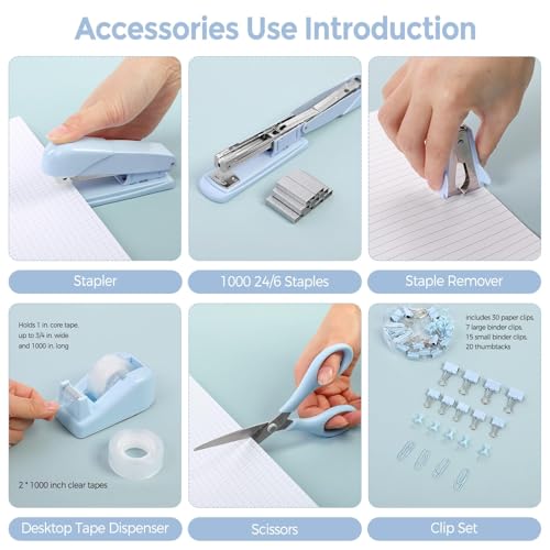 SKYDUE Blue Office Desk Accessories, Stapler and Tape Dispenser Set,10PCS - color: Blue