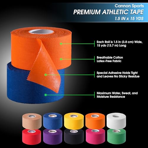 Cannon Sports Premium Athletic Tape - 1.5” x 45 Feet Per Roll - Easy Tear, No Sticky Residue, Very Strong, Hypoallergenic and Latex Free- Ideal for Sprains, Strains, First Aid – 1 Roll (Blue) - color: Blue