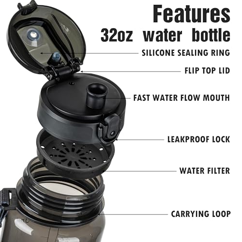 OLDLEY Water Bottle, 32oz Motivational Sports Water Bottle with Time Marker - color: Black