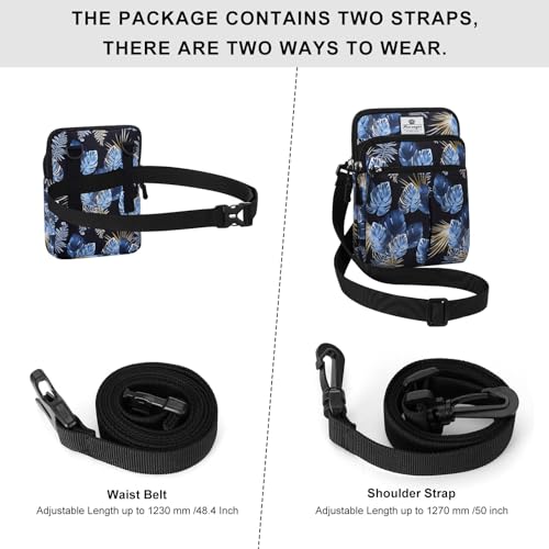 HUA ANGEL Multifunctional Fanny Pack for Men & Women Lightweight Waist Bag with 3 Zip Compartments, Cross body bag for Running Walking Sport Travel - color: Blue leaves