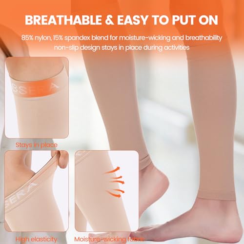 BSERA Calf Compression Sleeve Women, 2 Pairs 20-30mmHg Footless Compression Socks for Swelling Shin Splints Varicose Veins - color: Beige, size: Large
