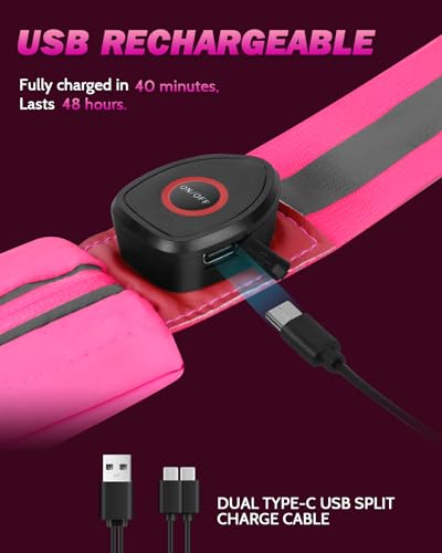 Fitense LED Reflective Belt Sash - 5 Lights Colors & 3 Light Modes High Visibility Night Safety Belt, Rechargeable Light Up Running Gear Adjustable Vest Straps for Runners Walkers Men Women - color: Pink, style: Pouch
