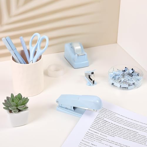 SKYDUE Blue Office Desk Accessories, Stapler and Tape Dispenser Set,10PCS - color: Blue