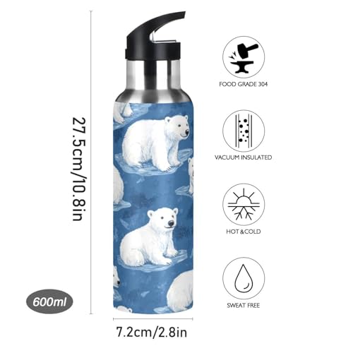 OTVEE Cartoon Polar Bear Water Bottle Sports Water Bottle Insulated Stainless Steel Hot Cold Water Mug with Straw Lid & Handle for Sports Gym 20 oz - color: Cartoon Polar Bear