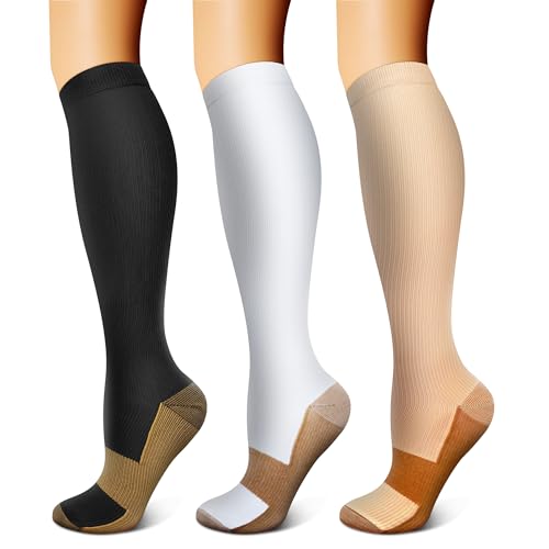 FEYHAY Copper Compression Socks (3 Pairs) 15-20 mmHg Circulation is Best Athletic & Daily for Men & Women, Running, Climbing - color: 02 Black/White/Beige, size: Large-X-Large
