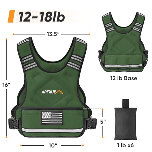 APEXUP Adjustable Weighted Vest, 4-10lb/12-18lb/20-32lb Vest with 6 Ironsand Weights and Large Pocket, Weight Vest for Men Women Strength Training, Running, Walking - color: Green, size: 12-18lbs