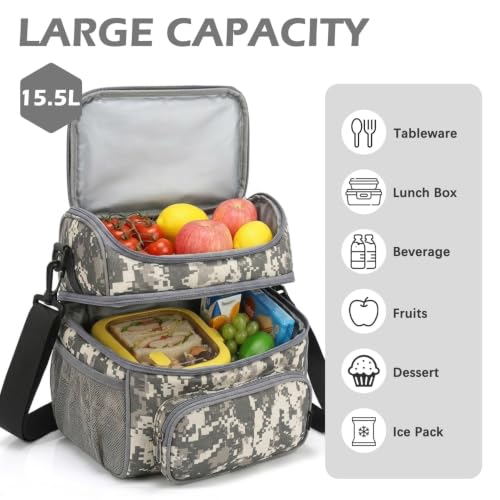 FlowFly Double Layer Cooler Insulated Lunch Bag Adult Lunch Box Large Tote Bag for Men, Women, With Adjustable Strap,Front Pocket and Dual Large Mesh Side Pockets - color: Digital Camo