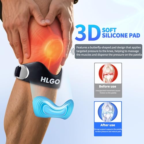 HLGO Silicone Patellar Tendon Support Knee Strap, Adjustable Patella Support Strap with Compression Cushion, Anti-Slip Knee Strap for Walking, Gym, Tennis & Daily Activities