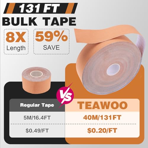 (2in X 131ft) TEAWO Kinesiology Tape Bulk Roll, Waterproof Hypoallergenic Latex-Free Sports Tape, Muscle & Joint Support for Athletes, Free Cut with Bonus Specialized Scissors (Beige) - color: Beige, size: 2in X 131ft