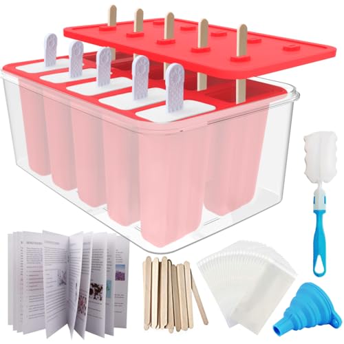 10-Cav Popsicle Molds, Silicone Ice Pop Mold for DIY Frozen Treats - color: Red+Bin