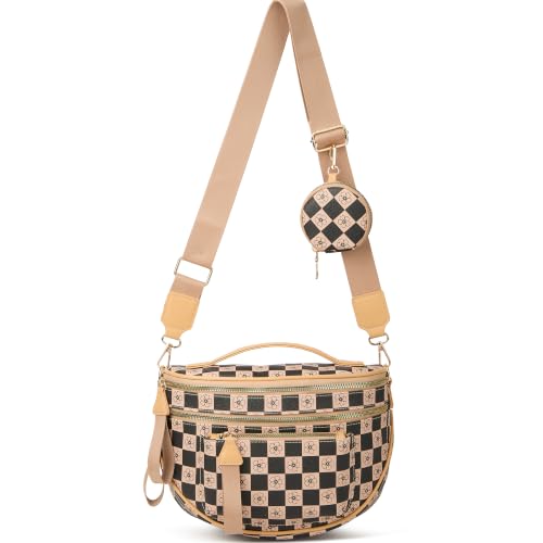 Makes Checkered Crossbody Bag Bum Bag for Women with Pouch - color: Khaki Checkered
