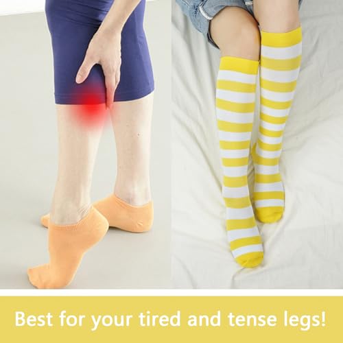 Junely Compression Socks for Women Knee High Striped Polka Dot Stockings - color: Yellow White