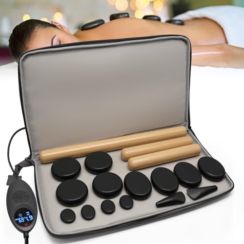 17 Pieces Massage Stones Set with Warmer Kit Hot Rocks Bamboo for Massage,Hot Stones Massage Warmer Kit with Temperature Control and Carry Bag (14 Stones and 3 Sticks)