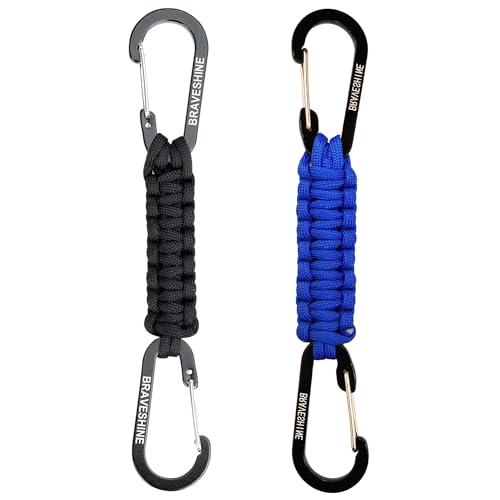 BRAVESHINE Paracord Keychain Carabiner Clip | D Ring Hanger Lanyard Hook - color: 1 Black 1 Blue