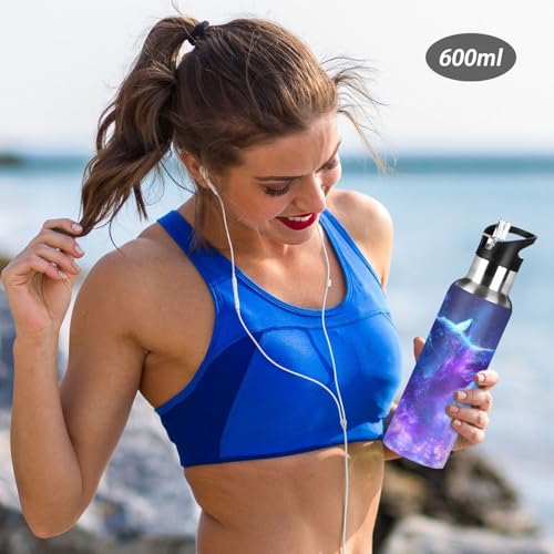 OTVEE Blue and Purple Fox Water Bottle Sports Water Bottle Insulated Stainless Steel Hot Cold Water Mug with Straw Lid & Handle for Sports Gym 20 oz - color: Blue and Purple Fox