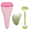 3 in 1 Ficial Face Ice Jade Roller and Gua Sha Tool, Natural Real Jade Anti-Wrinkle Face Eye Neck Massager Tool, Reduce Wrinkles, Puffiness, Migraine, Redness, Pain and Injury，Pink - color: Pink