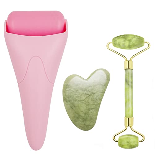 3 in 1 Ficial Face Ice Jade Roller and Gua Sha Tool, Natural Real Jade Anti-Wrinkle Face Eye Neck Massager Tool, Reduce Wrinkles, Puffiness, Migraine, Redness, Pain and Injury，Pink - color: Pink