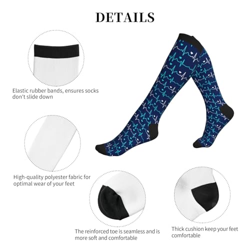 Patterned Knee High Socks for Women Men Athletic Running Travel Work - color: Heartbeat Blue