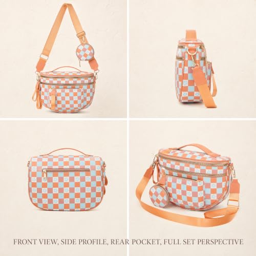 Makes Checkered Crossbody Bag Bum Bag for Women with Pouch - color: Triorange Checkered