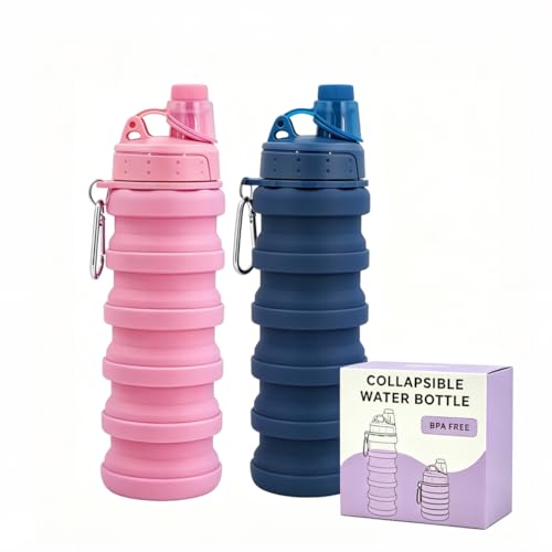 Collapsible Water Bottles Travel water bottle Sports Portable Sport Water Bottle Reusable Water Bottles comes with mountaineering Buckle 500ml silicone Water-proof camping water bottle - color: Dark Blue+Pink, style: 2 pack