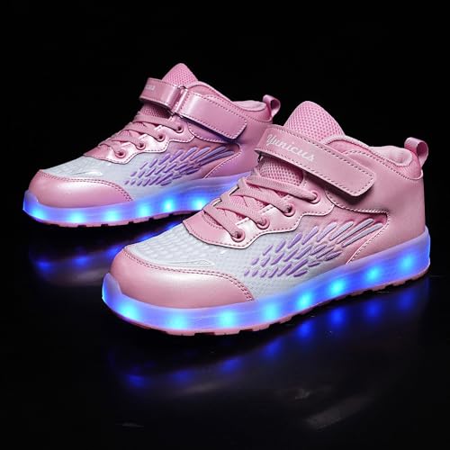 Kids Light up Shoes LED USB Charging Flashing High-top Wings Sneakers Boys Girls Trainers for Festivals Halloween Christmas New Year Party Great Gift - color: Pink White, size: 3.5 Big Kid