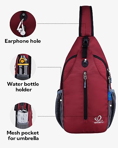 WATERFLY Crossbody Sling Backpack Sling Bag Travel Hiking Daypack - color: Dark Red