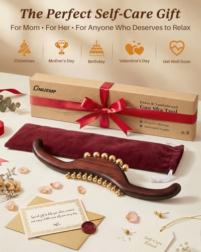 ONUEMP Sandalwood Gua Sha Muscle Knot Scraper with 17 Fascia Brass Beads - size: Sandalwood&Brass