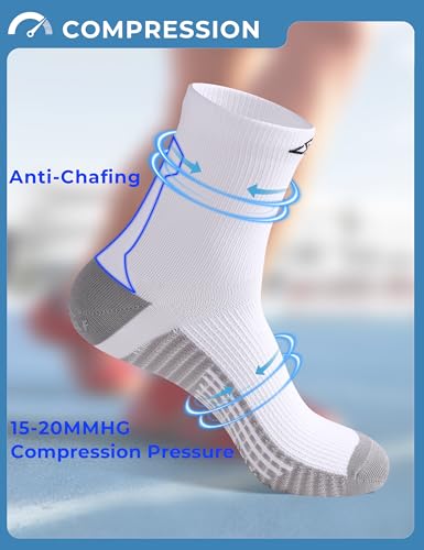 Mens Compression Running Socks: 15-20 mmHg Arch Support Non-Slip - color: A-white White White, size: 6-9