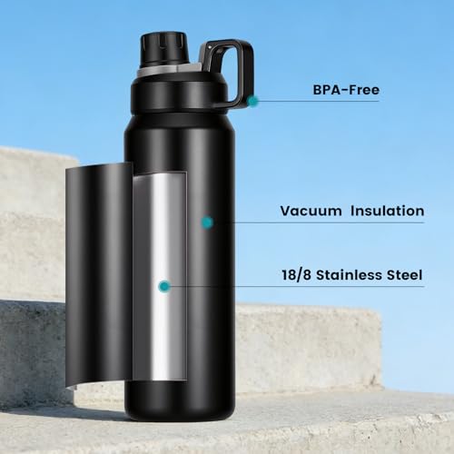 30oz Black Insulated Water Bottle with Carry Handle for Gym & Commute - color: Black