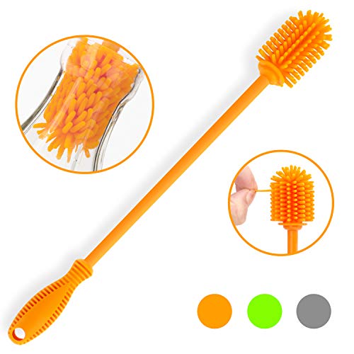 Silicone Bottle Brush with Long Handle, 12.5" Bottle Cleaning Brush, Orange - color: Orange