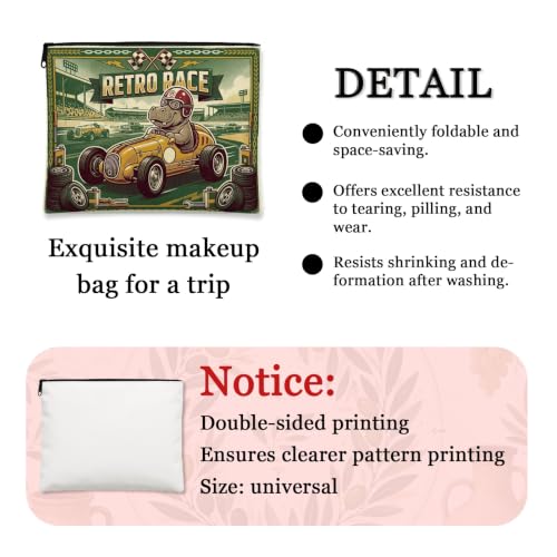 Retro Race Cosmetic Bag, Hippo Racing Pattern Travel Pouch for Men, Portable Small Canvas Zipper Organizer, Everyday Skincare Toiletry Bag 7x9 Inch
