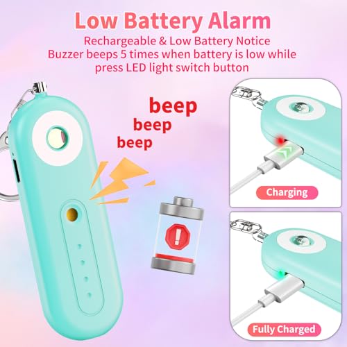 Rechargeable Personal Safety Alarm for Women - 130dB Self Defense Keychain Siren Whistle with SOS Strobe Light, Low Battery Notice - Security Protection Devices for Kids Elderly College Essentials - color: Rechargeable - Aqua