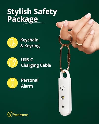 Vantamo Personal Alarm for Self Defense with Low Battery Notice, Strobe Light & Extra Loud 130 dB Double Speakers Safety Keychain Set for Women, Rechargeable Panic Button for Womens Self Defense - color: Snow