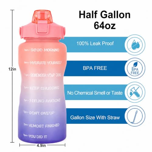 EYQ 64oz Water Bottle with Straw, Leakproof, Navy Gradient - color: Pink/Purple Gradient