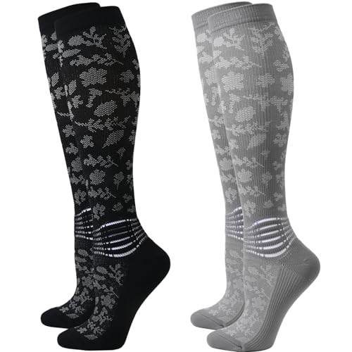 IRAMY Compression Socks Women Ankle Support Gradient Compression Wicking Moisture Knee High Socks 3 Packs - color: Black+grey-2 Packs, size: Large