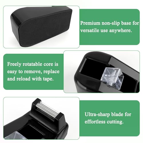 Desktop Tape Dispenser with 15 Rolls Transparent Tape, Black Desk Tape Dispenser for Home Office School, Tape and Dispenser Set for Light Duty Packaging Arts Crafts Note Repair Everyday Use