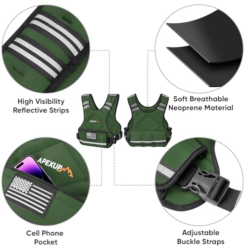 APEXUP Adjustable Weighted Vest, 4-10lb/12-18lb/20-32lb Vest with 6 Ironsand Weights and Large Pocket, Weight Vest for Men Women Strength Training, Running, Walking - color: Green, size: 4-10lbs