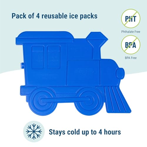 Wildkin Kids Ice Packs (4 Pack) – Slim, Reusable, Keeps Lunch Cool for School/Travel - Train - color: Train