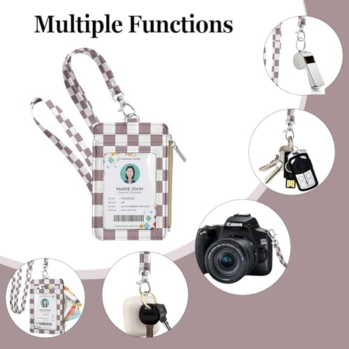 bolimoss Lanyard Wallet with Id Badge Holder, Small Keychain Wallet Wristlet, Pu Leather Zipper Credit Card Holder Neck Strap for Women School Teacher Student Nurse Office Worker - color: Dusty Rose Checkerboard