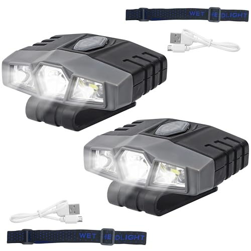 2Pcs Hat Lights Clip On Rechargeable Brim Light, Ultra Bright Micro Mini LED Cap Headlamp 150 Lumens Spotlight, Waterproof Hands Free Portable Flashlight for Baseball Cap, Running, Fishing, Camping