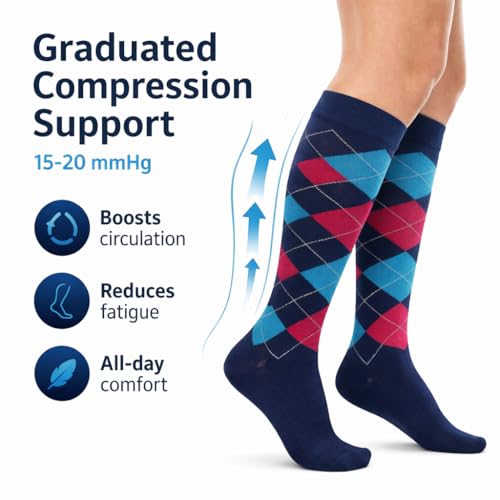 COUVER Unisex Graduated Athletic Compression Socks - color: Argyle Navy Turquoise Fuchsia, size: Small-Medium